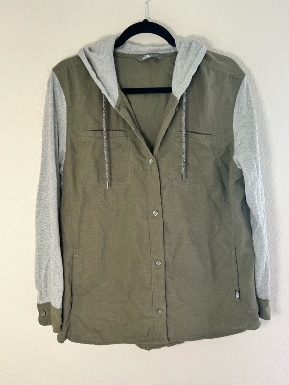 The North Face Hooded Gray and Olive Green Button-Front Top/ Outer Layer